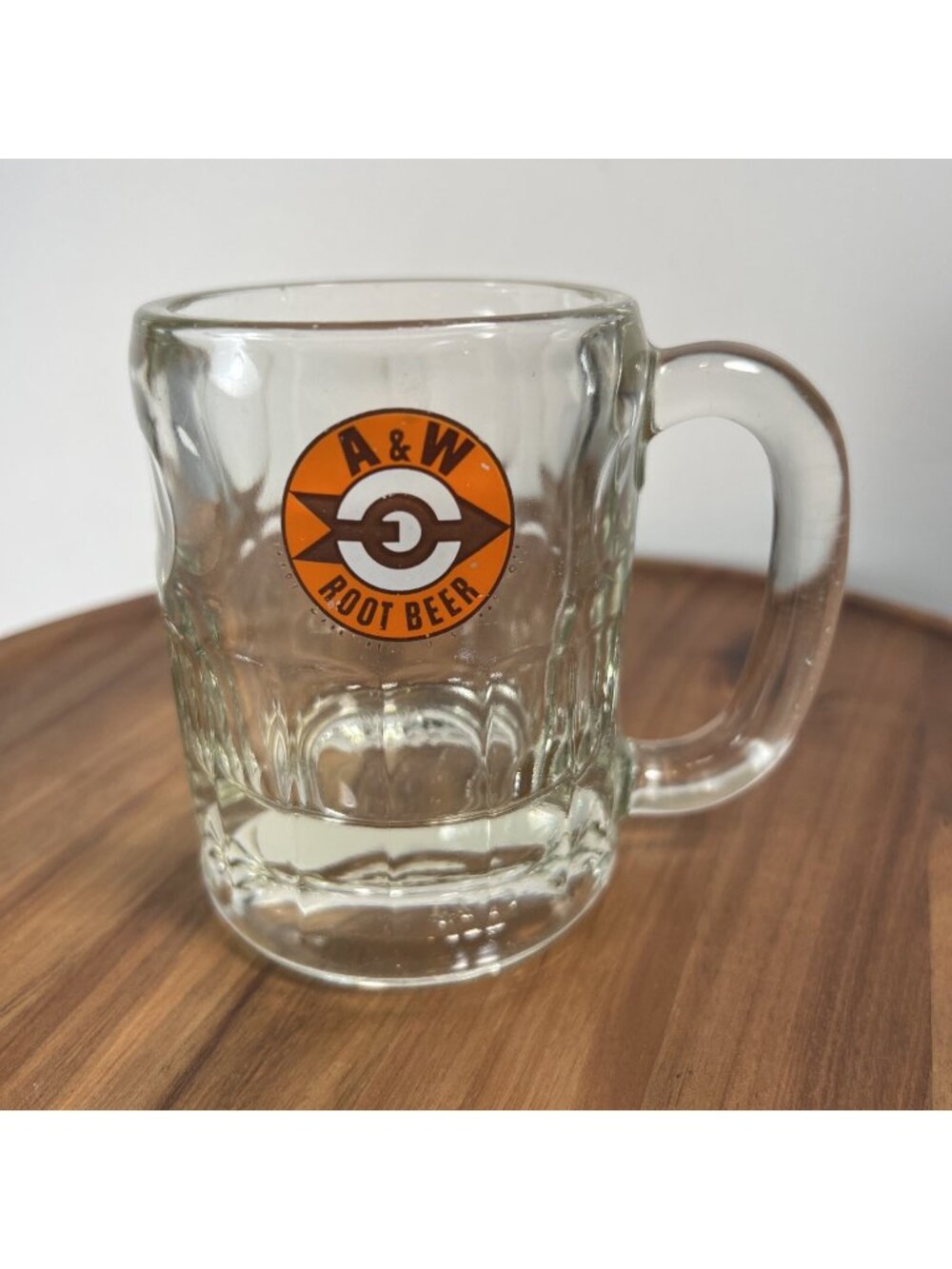 Vintage A&W Root Beer Short Mug Clear Glass Bullseye Arrow Logo AW 4.5"